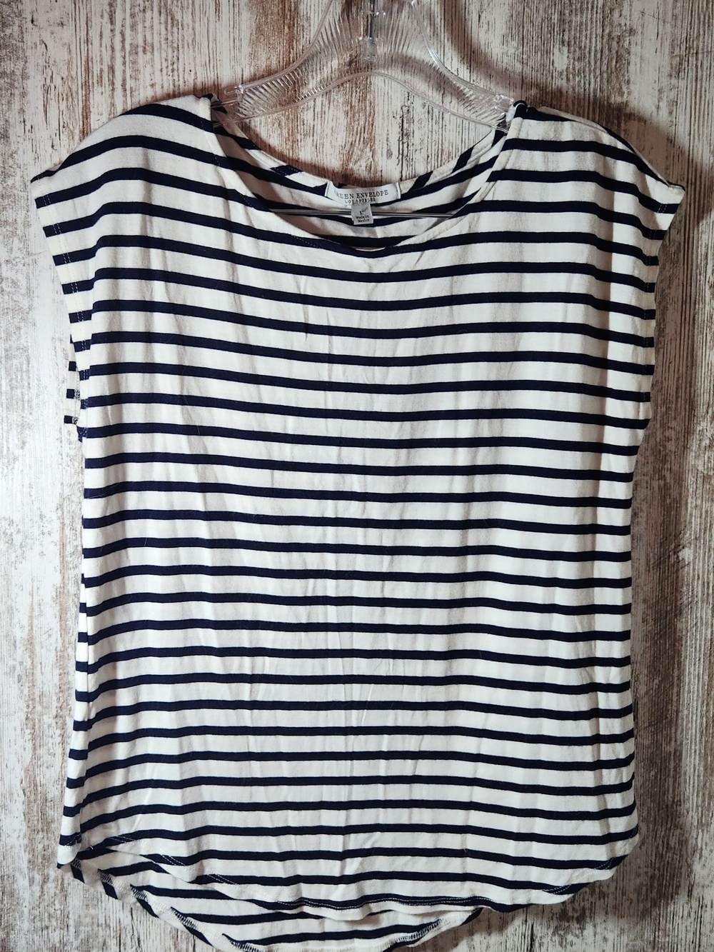 Green Envelope Navy and White Striped Short Sleeve Top Size Large Nautical Vibes
